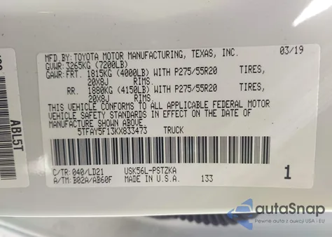 2019 Toyota Tundra 1794 5.7L V8 из США, поврежденный, VIN 5TFAY5F13KX833473